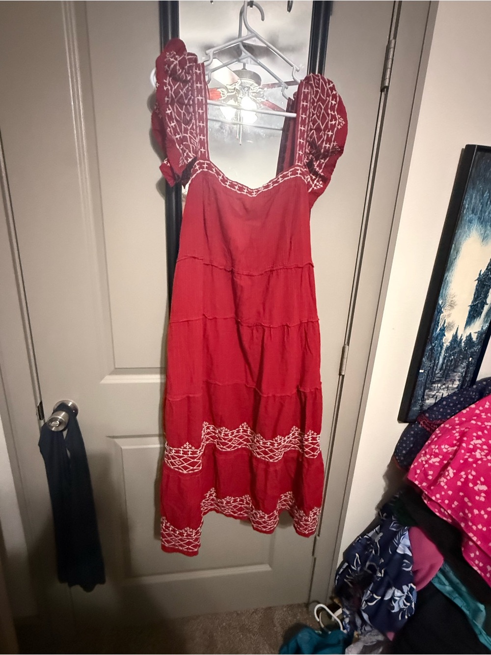 Knox Rose Red Embroidered Puff-Sleeve Midi Dress